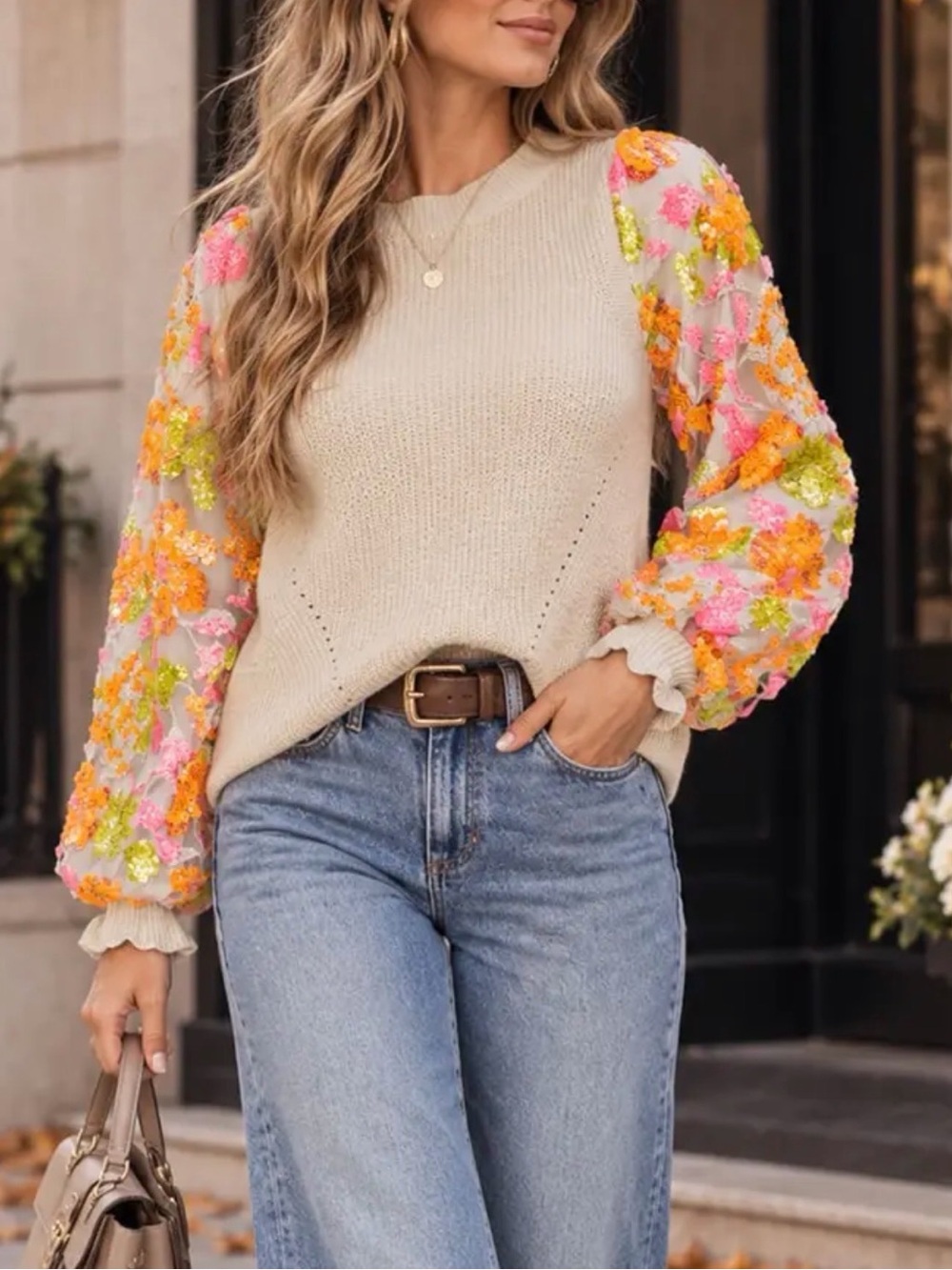 FATE Beige Knit Sweater Sequin Mesh Floral Balloon Sleeve Large